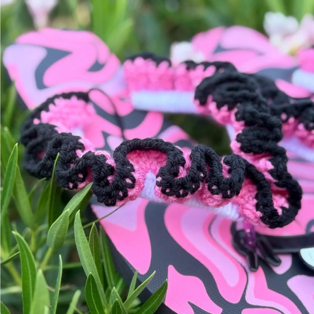 Vibrant Pink and Black Crochet Wavy Brim Hat | Flip Flops with Ruffles - Picture 9 of 12